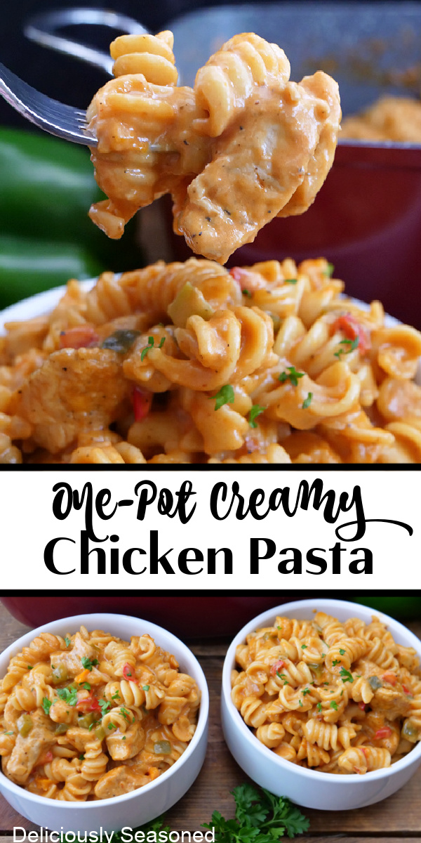 A double photo of one pot creamy chicken pasta with the title in the middle.