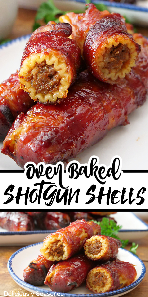 A double collage photo of oven baked shotgun shells wrapped in bacon.