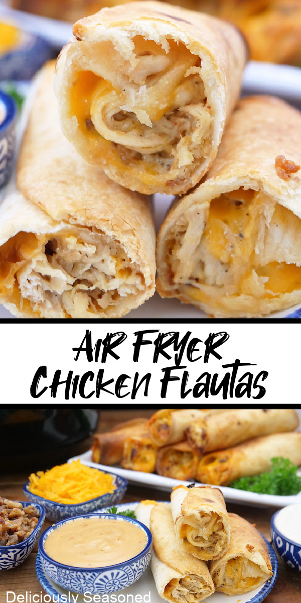 A double collage photo of air fryer chicken flautas.