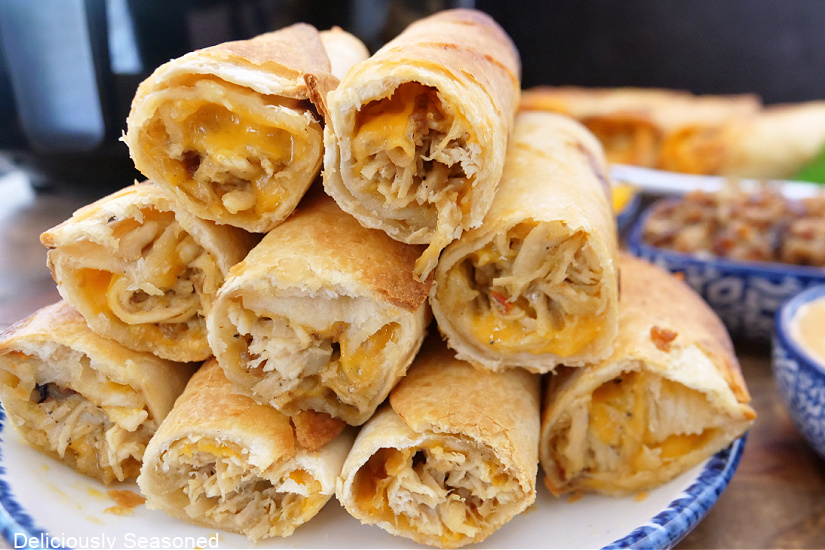 A horizontal photo of nine chicken flautas on a white plate with blue trim.