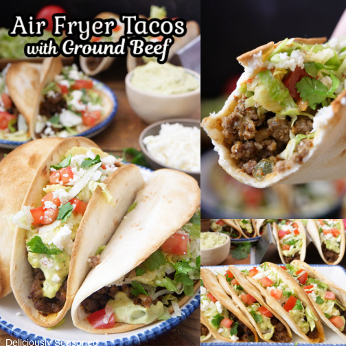 A three collage photo of air fryer tacos.