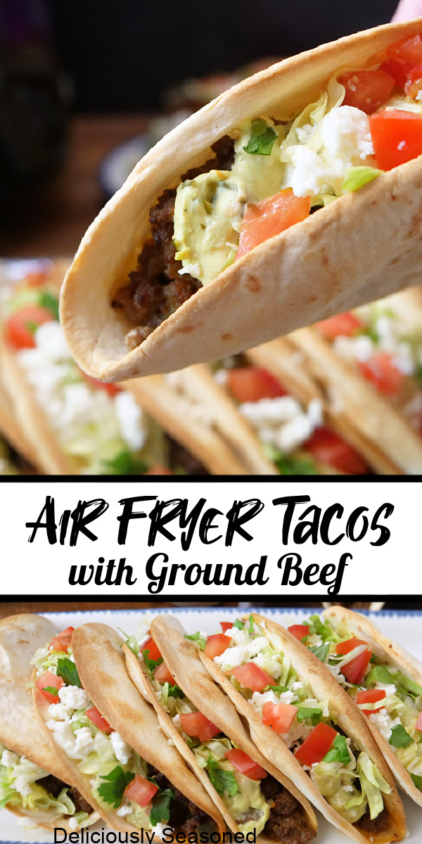 A double collage photo of air fryer tacos with ground beef.