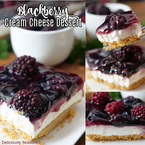 A triple photo collage of blackberry cream cheese dessert. 
