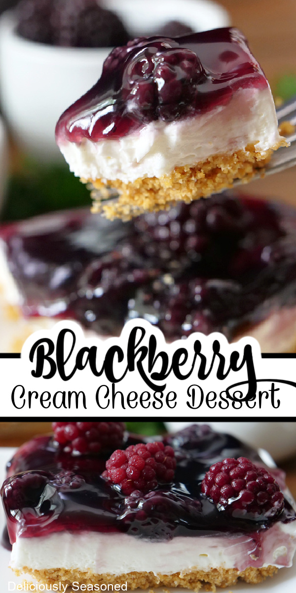 A double photo collage of blackberry cream cheese dessert. 
