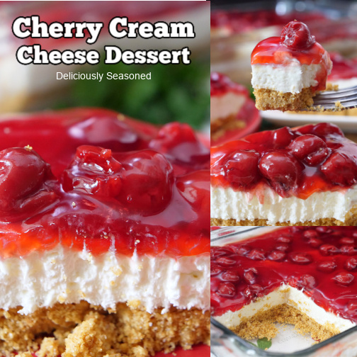 A three photo collage of cherry cream cheese dessert. 
