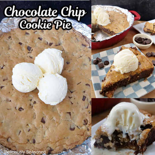 A three collage photo of a chocolate chip cookie pie.