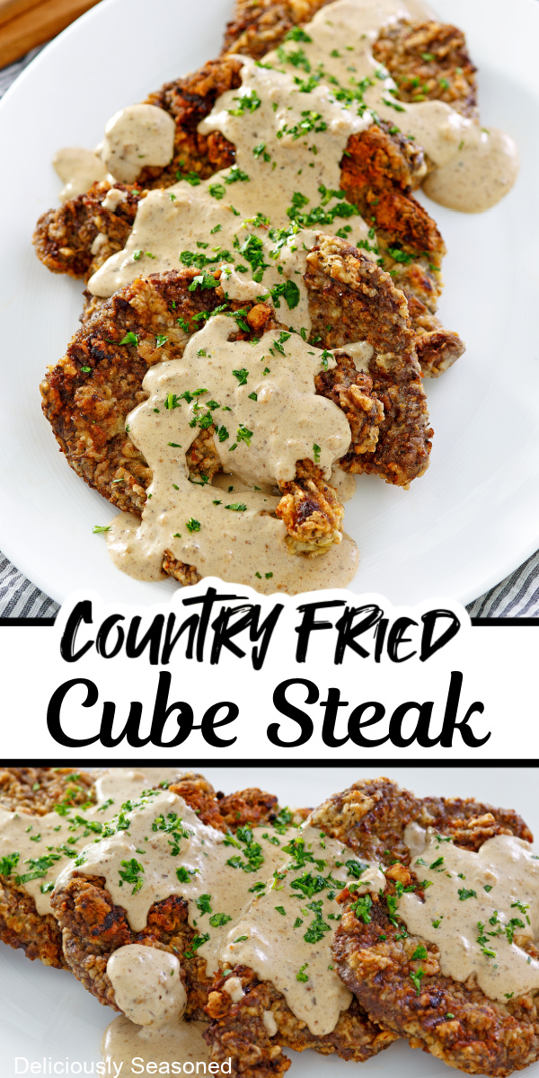 A double collage photo of country fried cube steak with the title in the center of the two pictures.