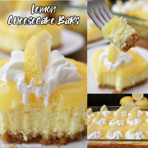 A three collage photo of lemon cheesecake bars on a white plate.