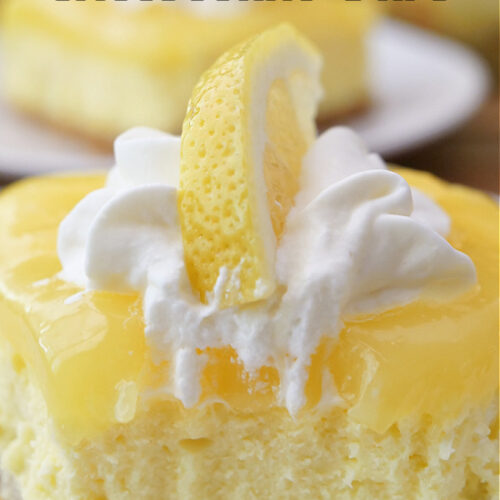 A close up of a lemon bar on a white plate with the title of the recipe at the top of the photo.