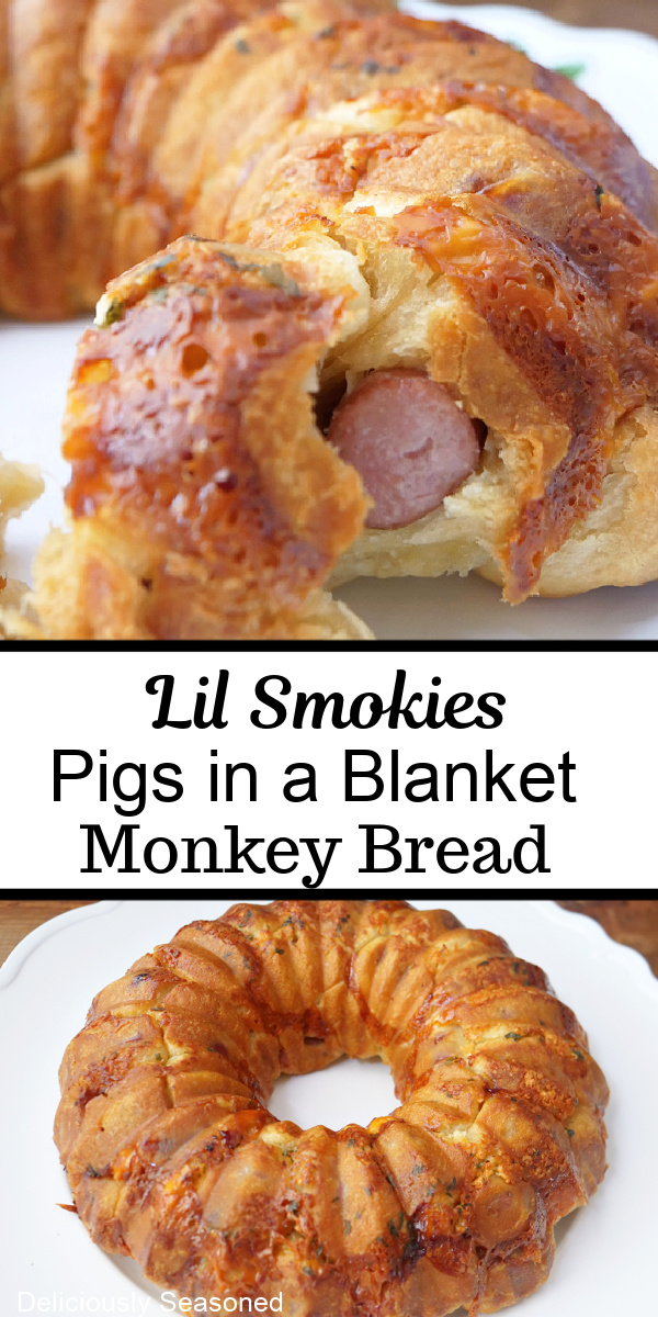A double collage photo of lil smokies pigs in a blanket monkey bread.