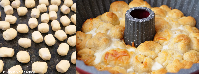 Two photos that show the little smokies wrapped in down and then the bundt pan with the baked dough in it after being pulled from the oven.