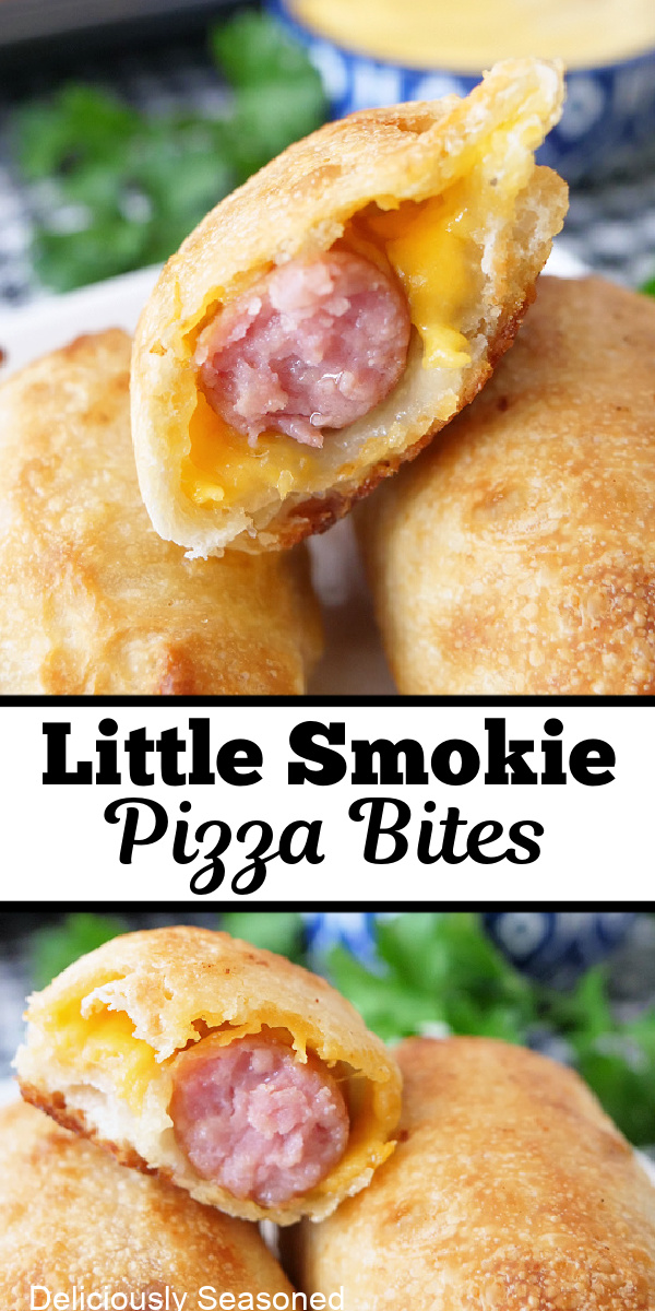A double photo collage of little smokie pizza bites.