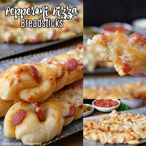 A three collage photo of pepperoni pizza breadsticks.