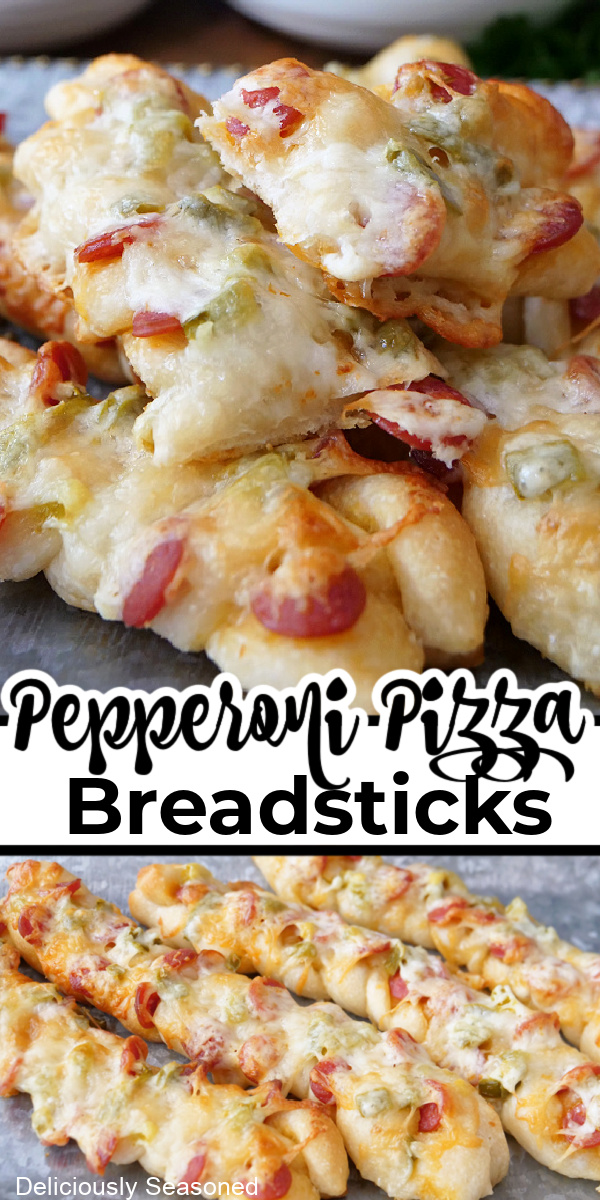 A double collage photo of pepperoni pizza breadsticks with the title of the recipe in the center of the two pictures.