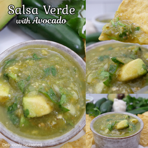 A three collage photo of salsa verde in a gray bowl.