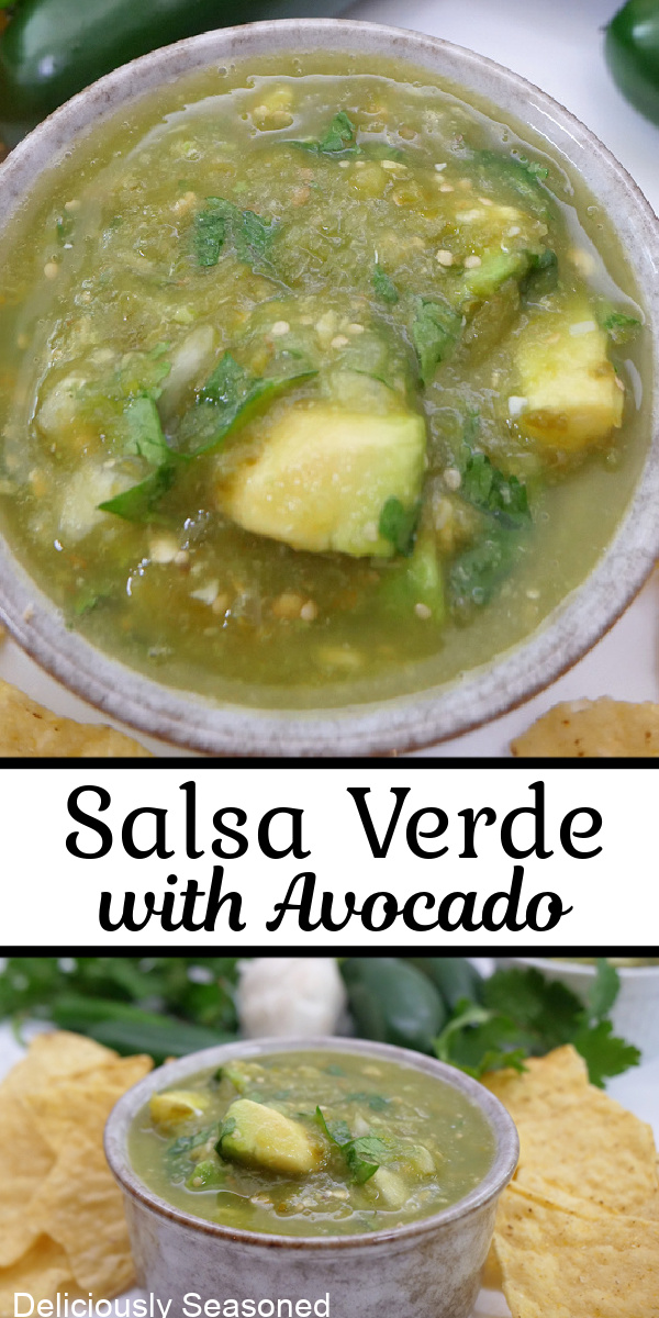 A double collage photo of homemade salsa verde with the title of the recipe in the center of the two pictures.