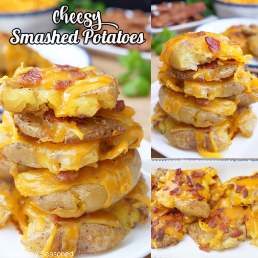 A three collage photo of cheesy smashed potatoes on a white plate.