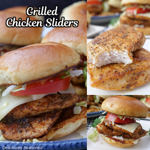 A three collage photo of grilled chicken sliders.