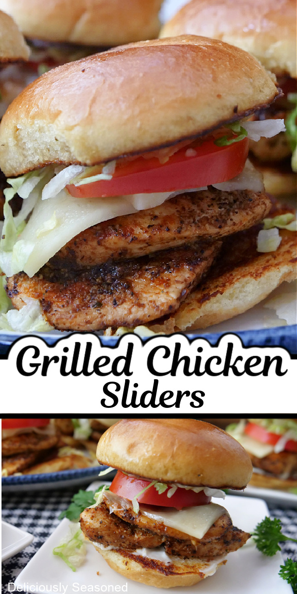 A double collage photo of grilled chicken sliders with the title of the recipe in the center of the two photos.