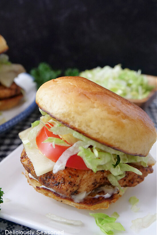 A piece of chicken topped with cheese, tomato and lettuce on a toasted slider bun sitting on a white plate.
