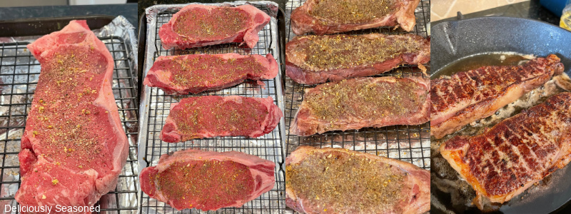 Four in process photos of New York strip steaks before being cooked and after.