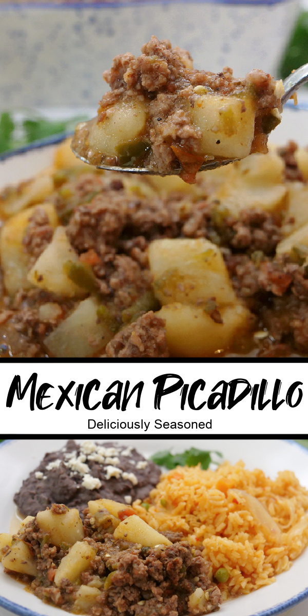 A double collage photo of Mexican Picadillo with the title of the recipe between the two photos.