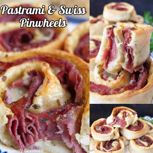 A three photo collage of Pastrami and Swiss Pinwheels.