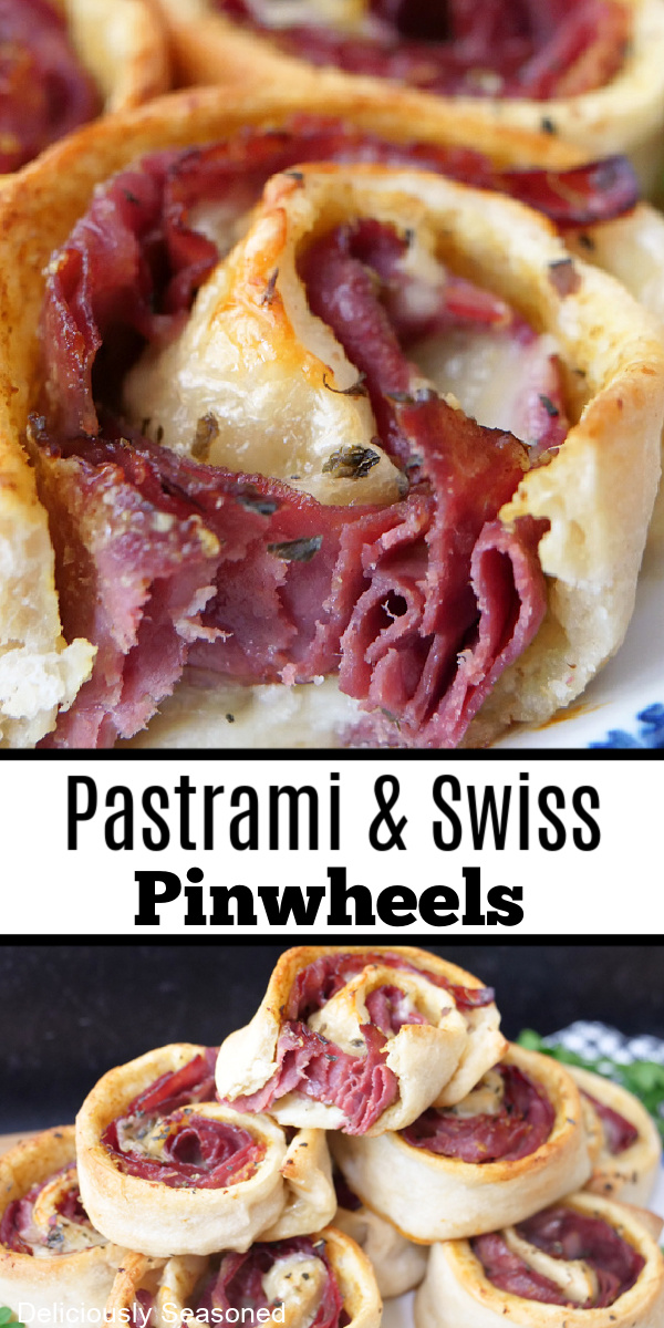 A double collage photo of pastrami and swiss pinwheels.