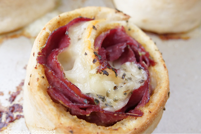 A horizontal photo of a close up of a pinwheel filled with pastrami and swiss cheese on a white plate.