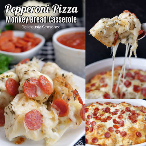 A three collage photo of pepperoni pizza monkey bread.