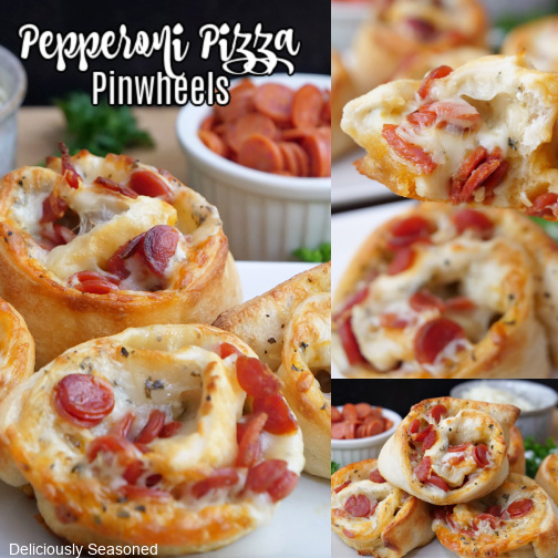 A three collage photo of pepperoni pizza pinwheels.