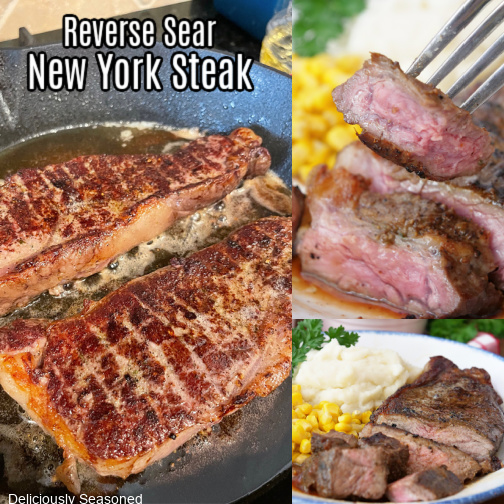 A three collage photo of reverse sear New York steak.
