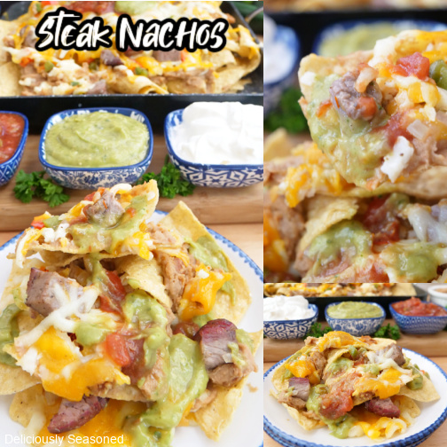 A three photo collage of steak nachos with the title of the recipe at the top of the photo.