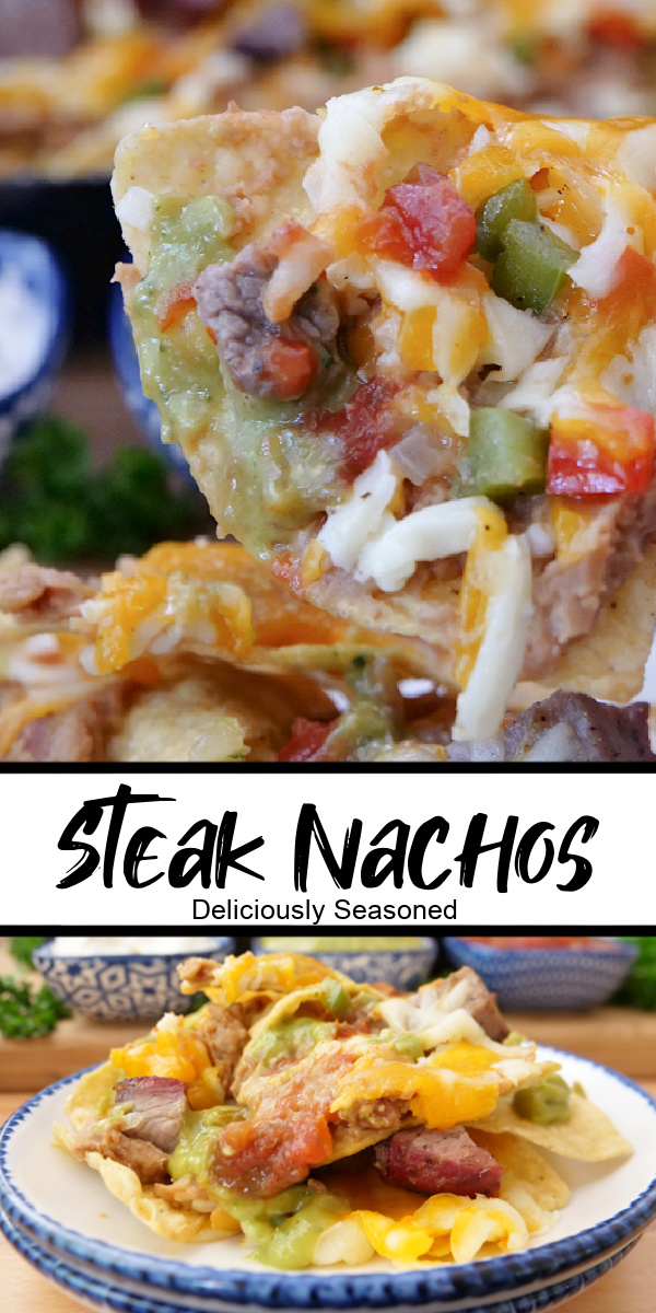 A double collage photo of steak nachos with the title of the recipe in the center between the two photos.