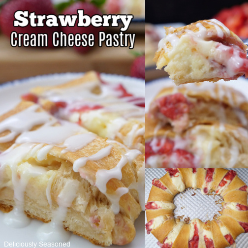 A three collage photo of strawberry pastry.