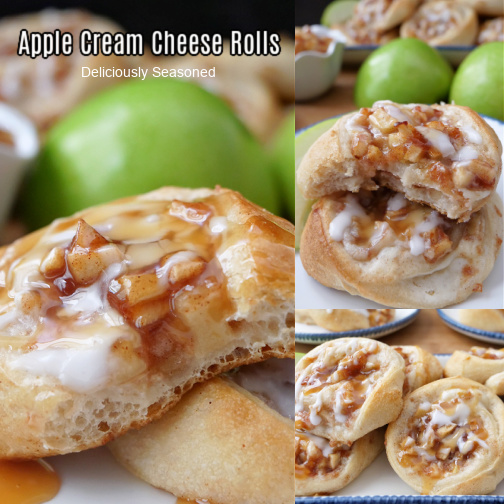 A three collage photo of apple cream cheese rolls with the title at the top of the photo.