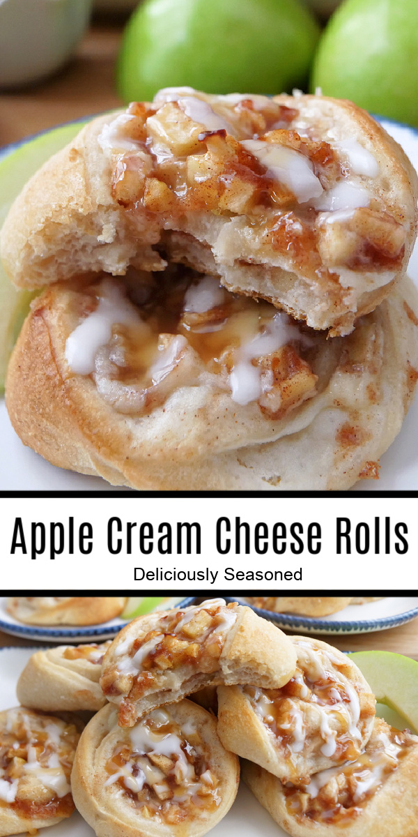 A double collage photo of apple cream cheese rolls made with pizza dough.