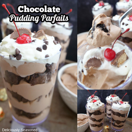 A three collage photo of chocolate pudding parfaits with the title of the recipe at the top.