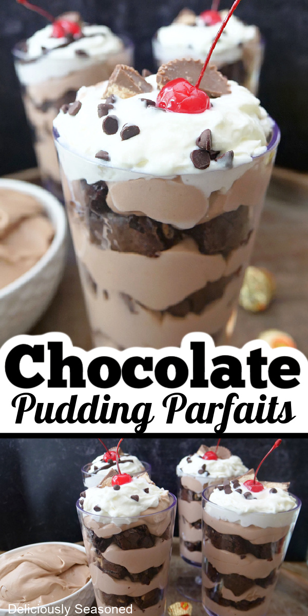 A double collage photo of chocolate pudding parfaits with the title of the recipe between the two photos.