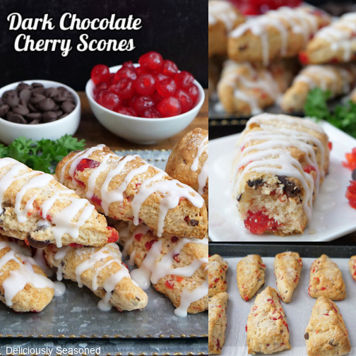 A three collage photo of dark chocolate cherry scones.