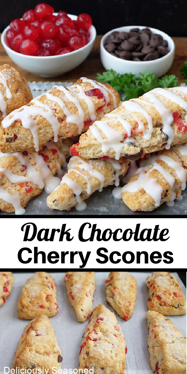 A double collage photo of dark chocolate cherry scones with the title of the recipe in the center of both photos.