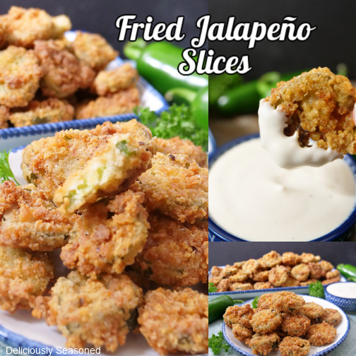 A three collage photo of fried jalapeno slices.