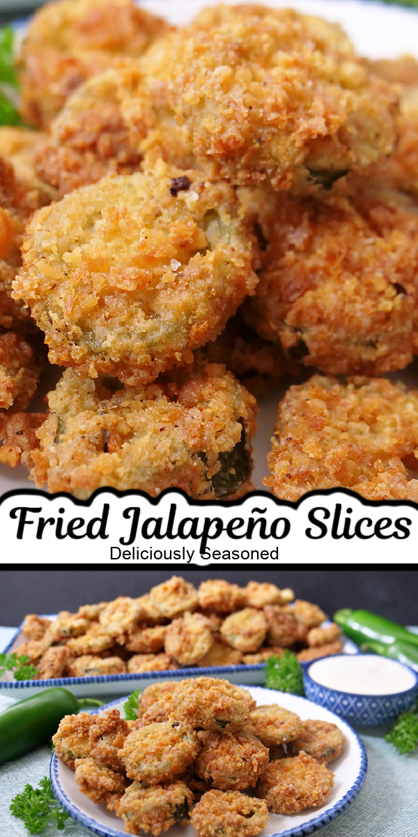 A double collate photo of fried slices of jalapenos with the title in between the two photos.