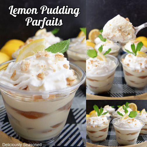 A three collage photo of lemon pudding parfaits placed on a black and silver tray.