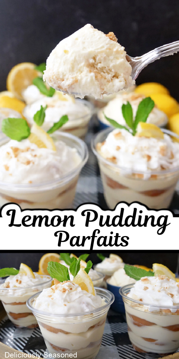 A double collage photo of lemon pudding parfaits.