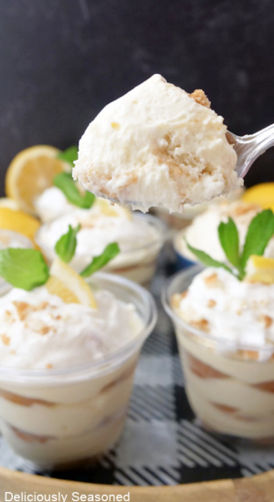 A spoonful of lemon pudding.
