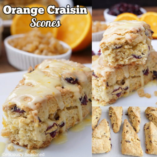 A three photo collage of orange craisin scones on a white plate.