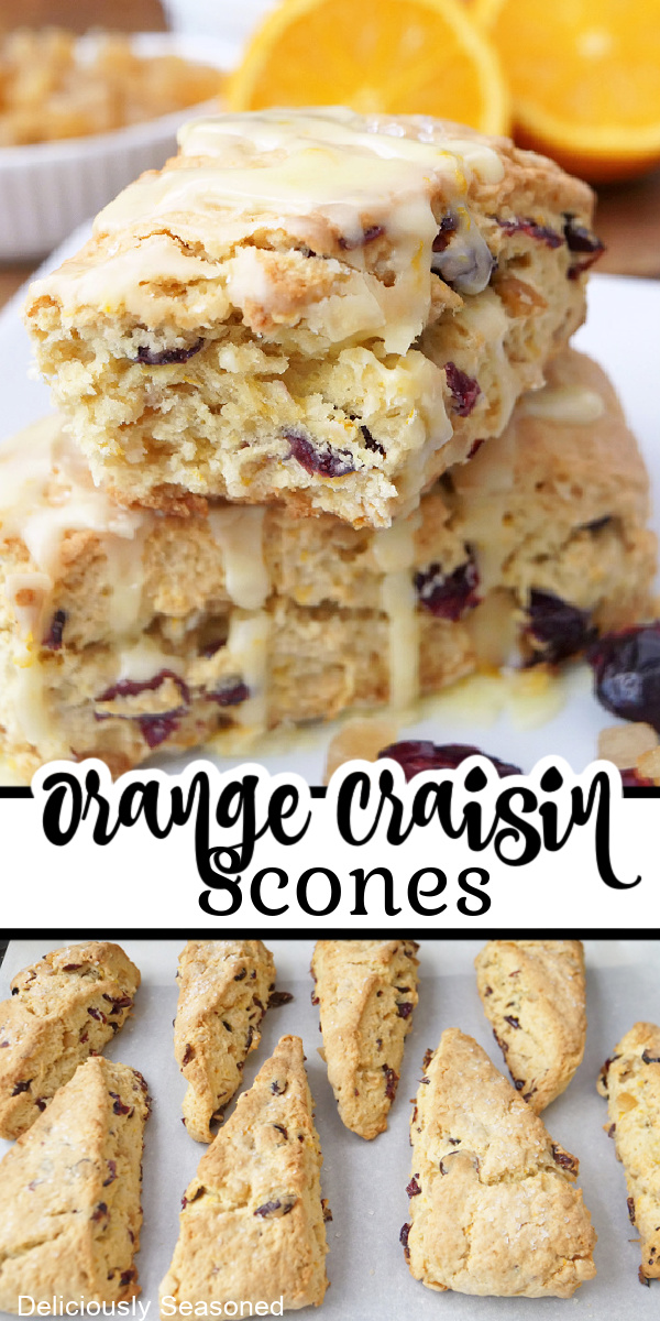 A double photo collage of orange craisin scones with the title of the recipe in between the two photos.