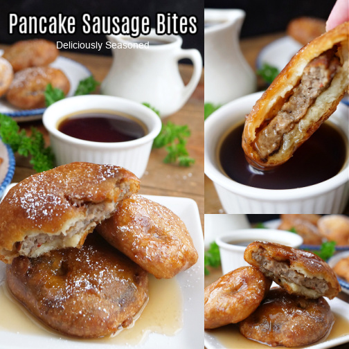 A three collage photo of pancake sausage bites.