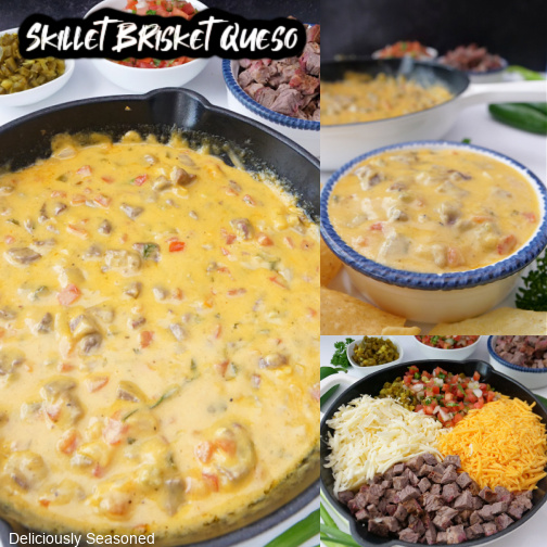 A three collage photo of skillet brisket queso.